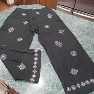 Deane & White 100% Linen Pants 10 Capri Black White Embroidered Boho Beachy Euc